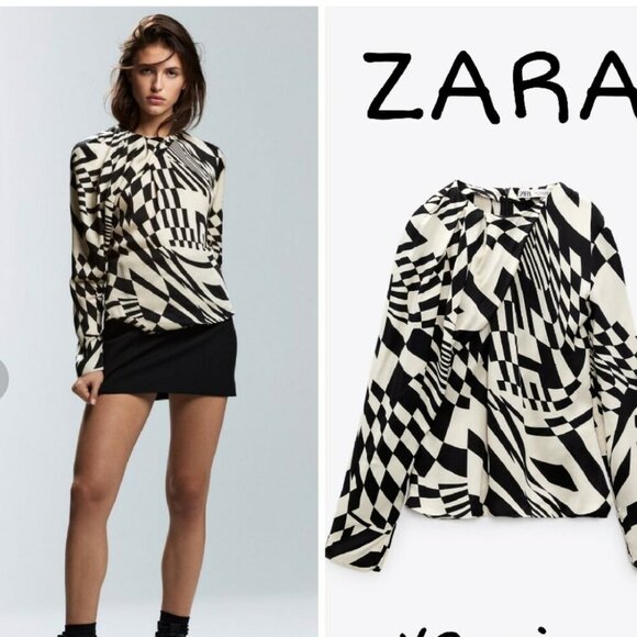 GORGEOUS ZARA SILK EFFECT BLOUSE BLACK AND WHITE. SIZE M - Picture 1 of 8
